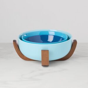 Ombre Turquoise Nesting Bowl Set with Wood Stand,3-Piece